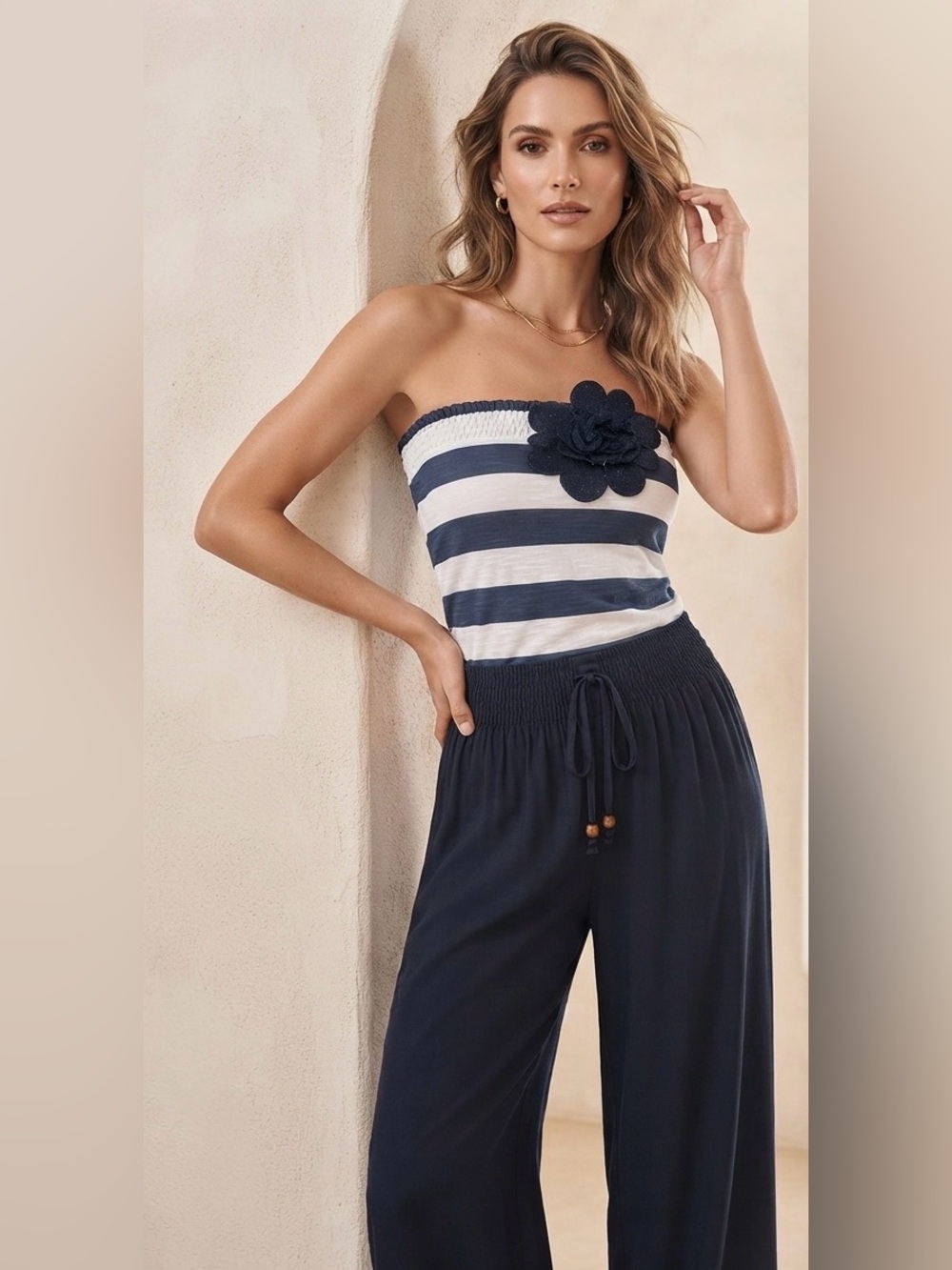 Striped Navy & White Strapless Jumpsuit with Floral Accent